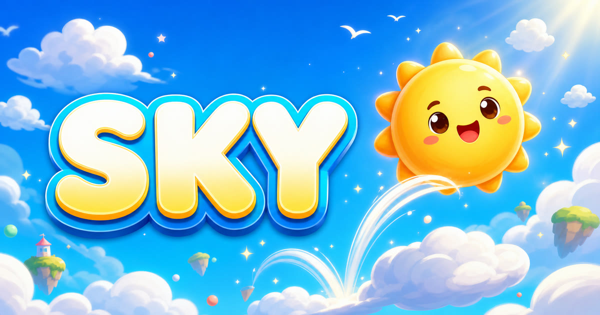 SKY title key art with a smiling sun and clouds